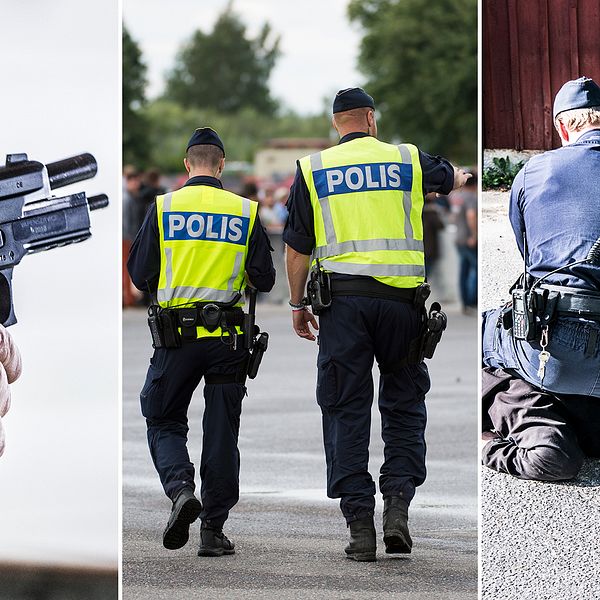 En polis med ett vapen, två poliser på en festival och två poliser som brottar ned en man.