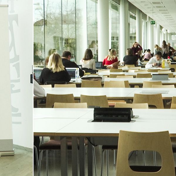 Studenter sitter vid bord i universitetsmiljö på Uppsala universitet.