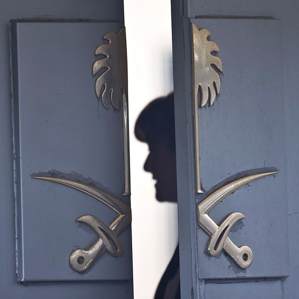 En dörr med det saudiska sigillet står på glänt.