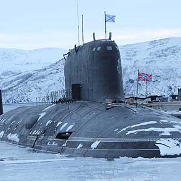 Ryska Nordflottans atomubåt Severodvinsk med kapacitet för kryssningsroboten Kalibr som kan utrustas med kärnstridsspets.  Arkivbild mars 2018.