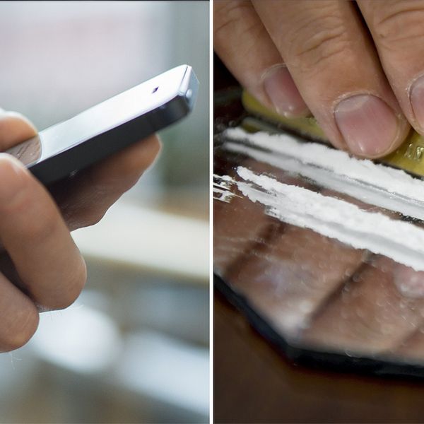 Till vänster en person med mobiltelefon, till höger förbereder någon kokainlinor med ett kreditkort.
