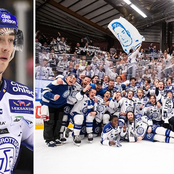 Skadade Tobias Forsberg (till vänster) gladdes med lagkamraterna i Leksand efter klubbens avancemang till SHL.