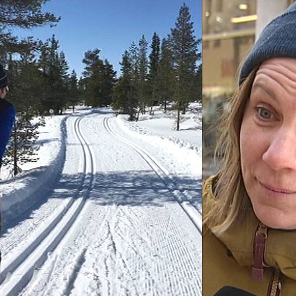 Man åker skidor i skidspår, snö och sol, intervjubild på kvinna i mössa