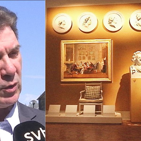 Bild på Henrik Zipsane, chef för Jamtli och en bild inifrån Nationalmuseum Jamtli med skulpturer och tavlor samt besökare