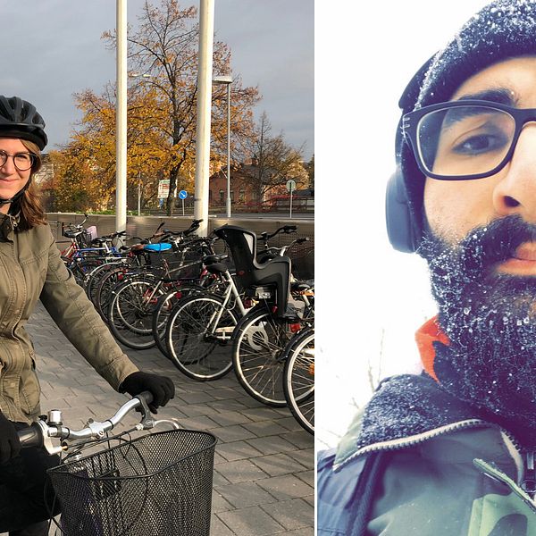 Maria Wikenståhl trafikingenjör på Södertälje kommun sitter på en cykel utanför stadshuset. Jacob Atas är ute när det snöar.