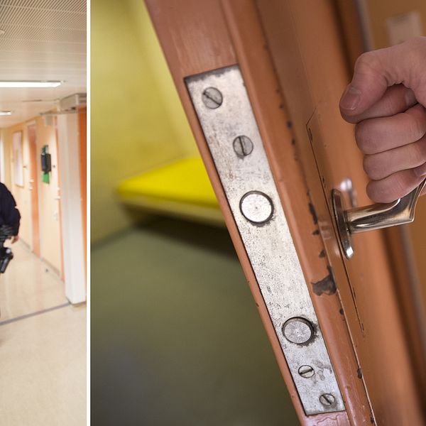 En person öppnar en arrestdörr och en polis som går i en korridor.