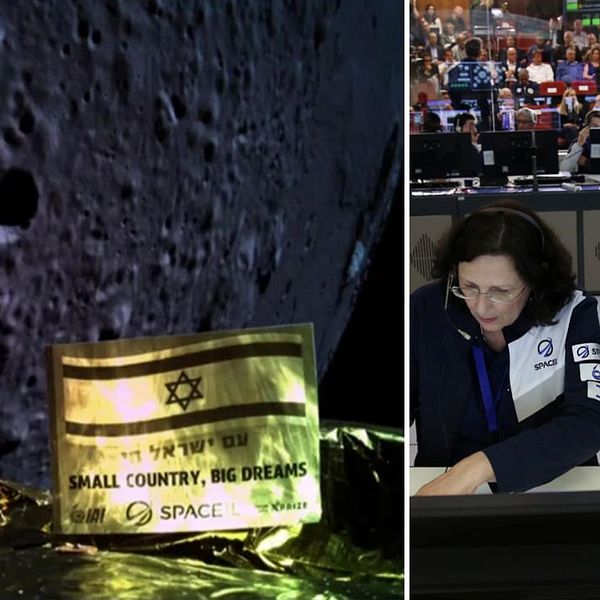En bild från rymdfarkosten kort innan kraschlandningen på månen. Till höger kontrollrummet i Yahud i Israel där landningen skulle firas.