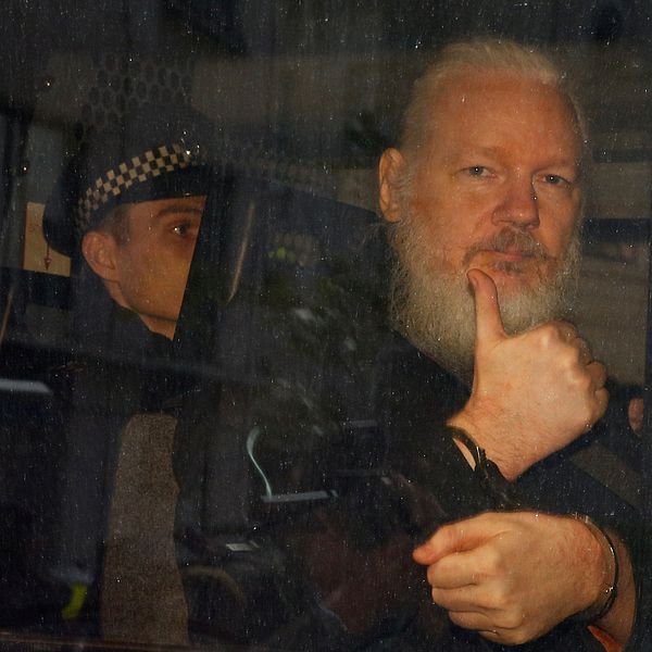 Julian Assange i en polisbil efter att han gripits av brittisk polis under torsdagen.