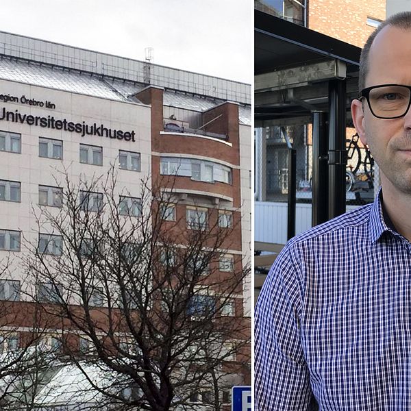 Till vänster en bild på en av sjukhusets byggnader med texten ”Region Örebro län Universitetssjukhuset” skrivet på fasaden. Till höger en bild på läkaren Kristian Thörn. Blårutig skjorta och glasögon med svart ram.