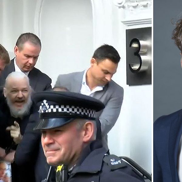 Julian Assange när han grips av brittisk polis på Ecuadors ambassad i London. Till höger: Mikael Wigell, docent vid Utrikespolitiska institutet i Tammerfors.