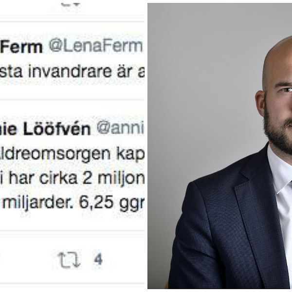 David Josefsson ordförande för Moderaterna i Göteborg, och en skärmdump av Lena Ferms inlägg på Twitter.