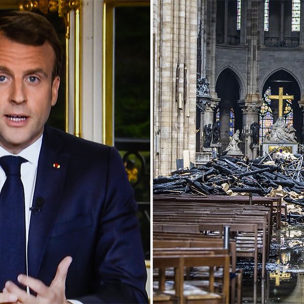 Frankrikes president Emmanuel Macron håller tal till  nationen efter Notre-Dame-branden.