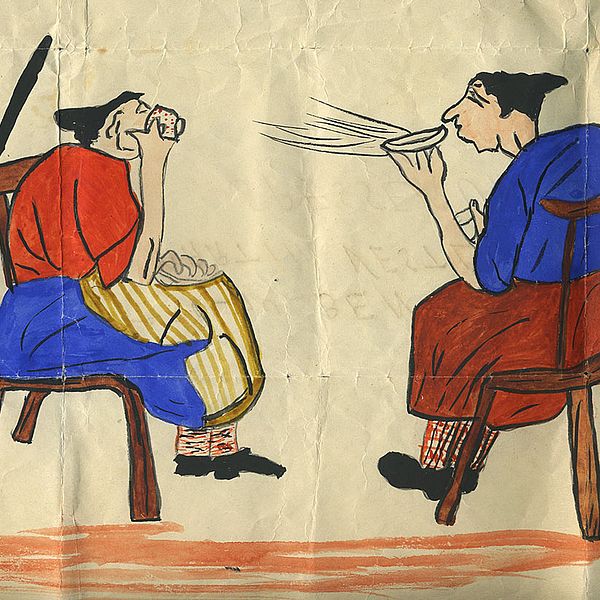 Teckning där två påskkärringar sitter på varsin stol och dricker kaffe med varsin kvast lutad mot stolsryggen.