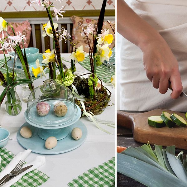 Bild delad i två: På vänster sida ett bord dekorerad med påskliljor, fejka ägg och en påskhare. På höger sida, en person som skär en zucchini.