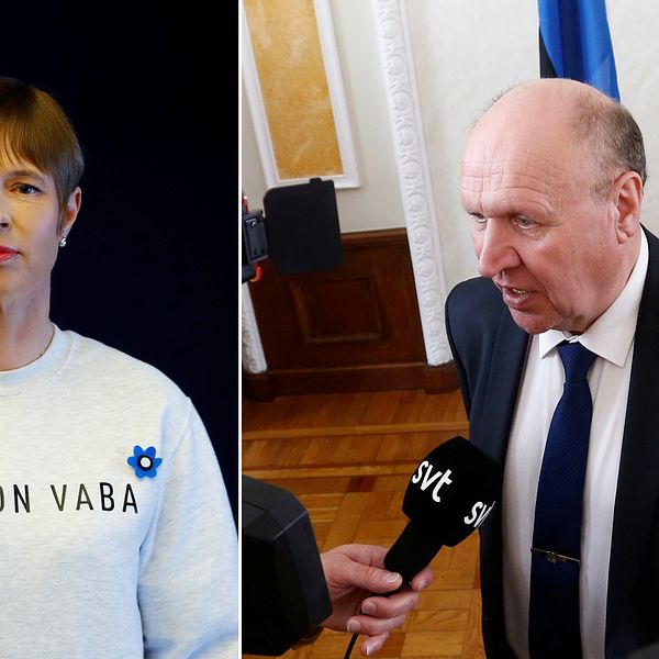 Estlands president Kersti Kaljulaid i tröjan som hon bar i protest i parlamentet. Orden på tröjan betyder ”ordet är fritt”. Till höger Mart Helme, Ekres partiledare och nu även landets inrikesminister.