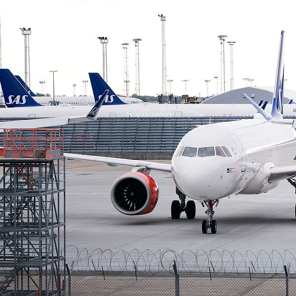 Parkerade SAS-plan på Kastrups flygplats i Köpenhamn