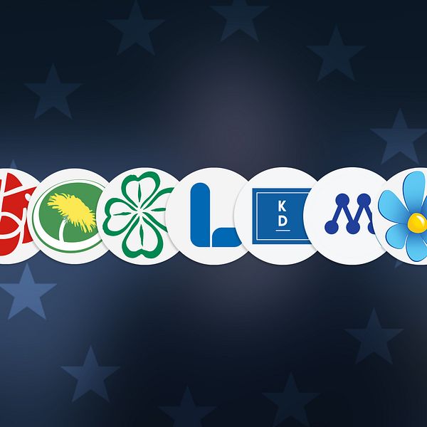 Loggorna tillhörande de nio svenska partierna i EU-parlamentet, mot bakgrund av en EU-flagga.