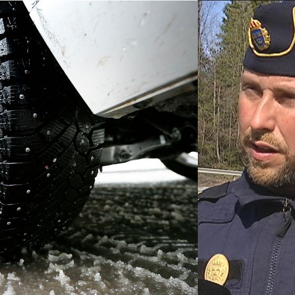 Närbild på dubbdäck till vänster och man i polisunifrom till höger.