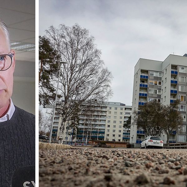 Collage med Johan Persson, finanschef på Sandvikenhus, och ett hyreshus på Svarvargatan.