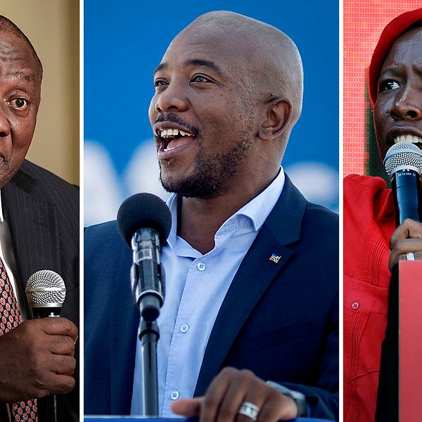 ANC:s ledare och sittande president Cyril Ramaphosa utmanas i valet av Mmunsi Maimane från Democratic Alliance och Julius Malema som leder Economic Freedom Fighters