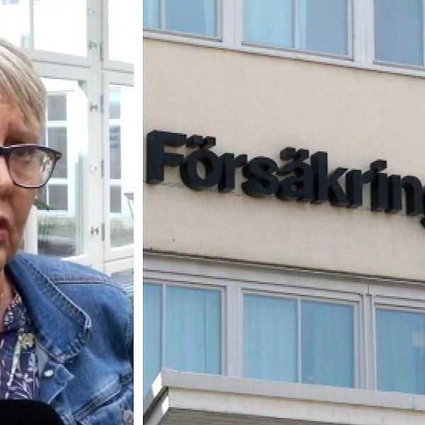 en medelålders kvinna som intervjuas, samt bild på fasad med skylt: Försäkringskassan