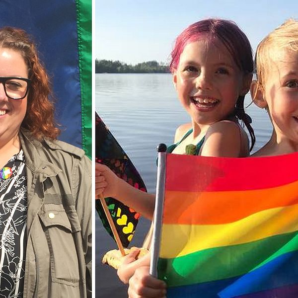 Sofia Belin står framför en prideflagga. Tvillingarna Bob håller upp en prideflagga och ser glada ut.