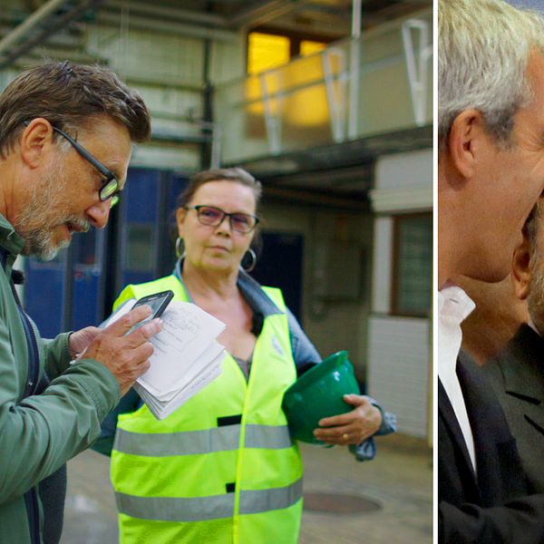 Janne Josefsson ringer upp Findus amerikanske ägare Noam Gottesman från den nedlagda fabriken i Bjuv. Bild på Janne i fabriken och bild på Noam Gottesman.