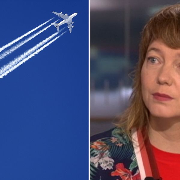 Flygplan på himlen och Malin Björk, EU-parlamentariker för Vänsterpartiet.