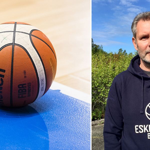 En basketboll samt en bild på Per Aronsson i klubbtröja på en solig och grön skolgård.