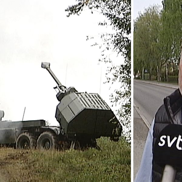 Ett militärt fordon som precis avfyrat en artilleripjäs på Villingsbergs skjutfält i samband med den stora militärövningen Aurora-17. Kommunstyrelsens ordförande Tony Ring (M) synd på infälld bild till höger.