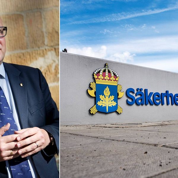 Tvådelad bild: Terrorforskaren Magnus Ranstorp och en skylt för Säkerhetspolisen på en vägg.