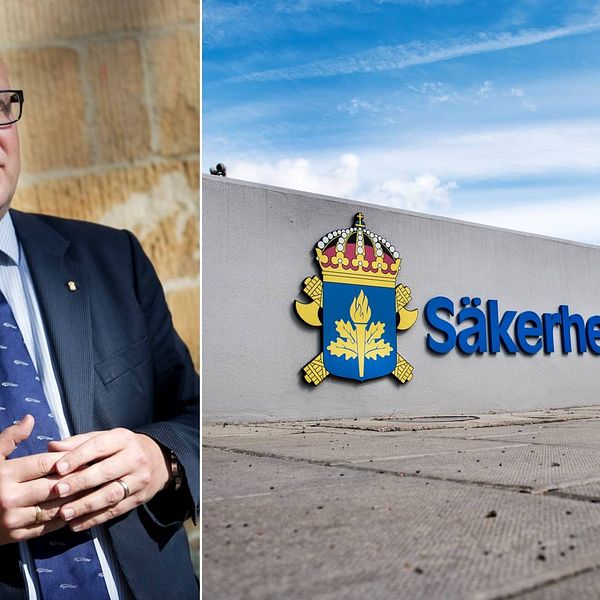 Tvådelad bild: Terrorforskaren Magnus Ranstorp och en skylt för Säkerhetspolisen på en vägg.