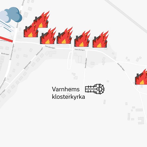 skiss över Varnhem och husen som antändes från sydost mot nordväst