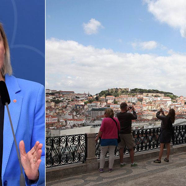 Bild på Magdalena Andersson och bild på turister i Portugal.