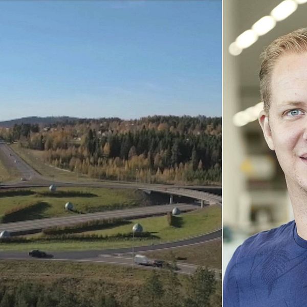 Flygbild över Lillängerondellen i Östersund och en bild på Johan Gerdevåg, marknadschef på Biltema