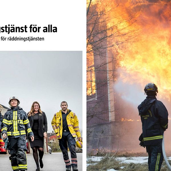 Montage. Omslaget till MSB:s handbok om jämställdhet. Brandpersonal släcker eld.