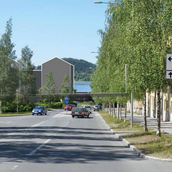 Vybild längs Gränsgatan i Östersund med föreslagna byggnader inritade längst ner.
