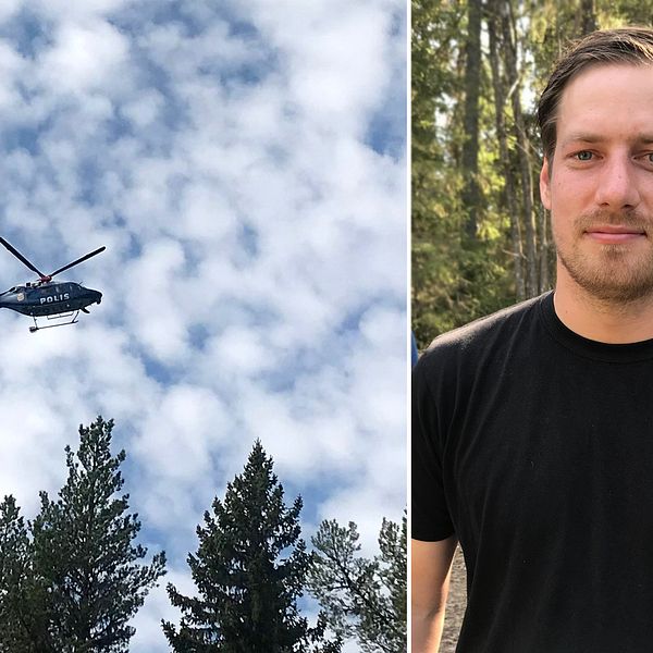 En polishelikopter flyger över grantopparna. Daniel Viklund från Missing People.