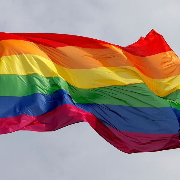 En regnbågsflagga vajar på en flaggstång.