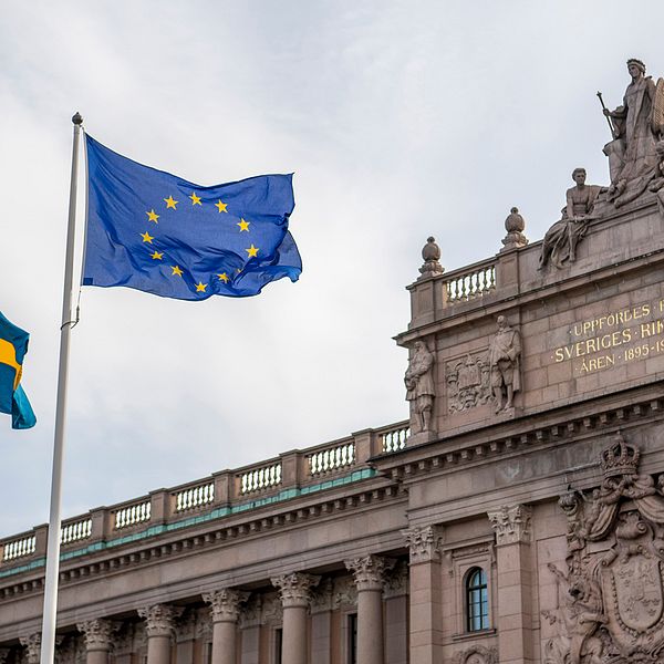 Sveriges och EU:s flaggor hissade framför Riksdagshuset i Stockholm.