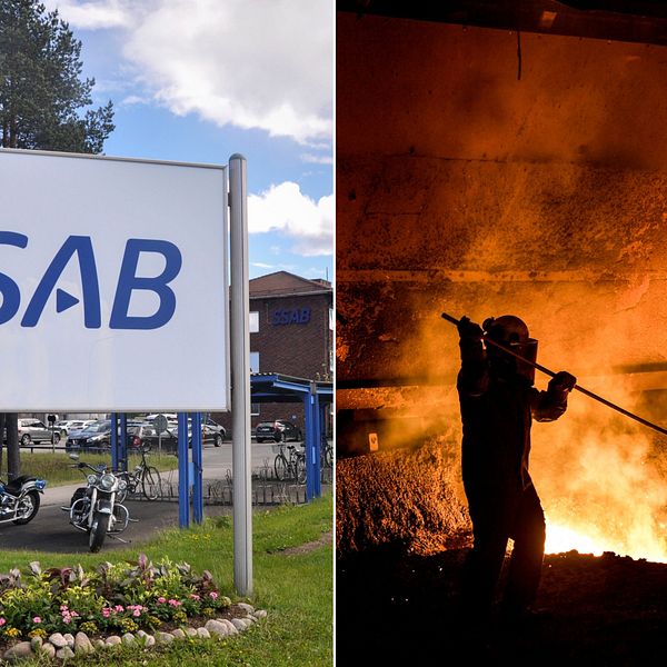 Kollage. Bild på SSAB:s skylt i Luleå till vänster och bild på en masugn på SSAB i Oxelösund.