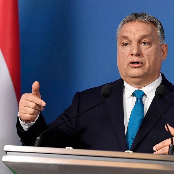 Ungerns premiärminister Viktor Orbán talar på en presskonferens i januari. En ungersk flagga syns bredvid honom.