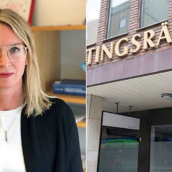 Ett porträtt på Jessica Wenna samt Eskilstuna tingsrätts skylt