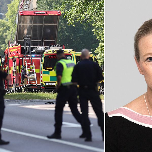 Två ambulanser och en brandbil vid platsen för explosionen i Linköping. En porträttbild av Maria Karlsson.