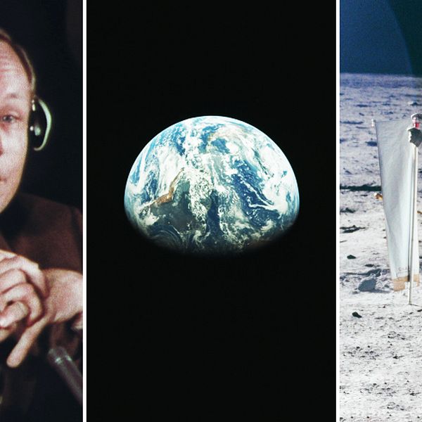 Tre bilder: den första på astronauten Neil Armstrong vid en intervju efter månlandningen. Bild två är på jorden sett från rymden. Bild tre är när Neil Armstrong sätter upp en flagga på månen.