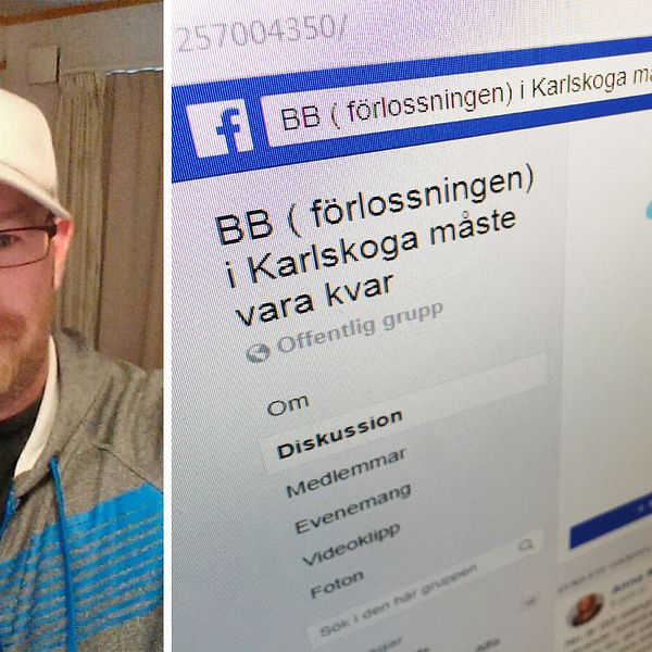 Daniel Rondahl i vit keps och rödlätt skägg. Bredvid en bild på en datorskärm som visar Facebook-gruppen ”BB (förlossningen) i Karlskoga måste finnas kvar”.
