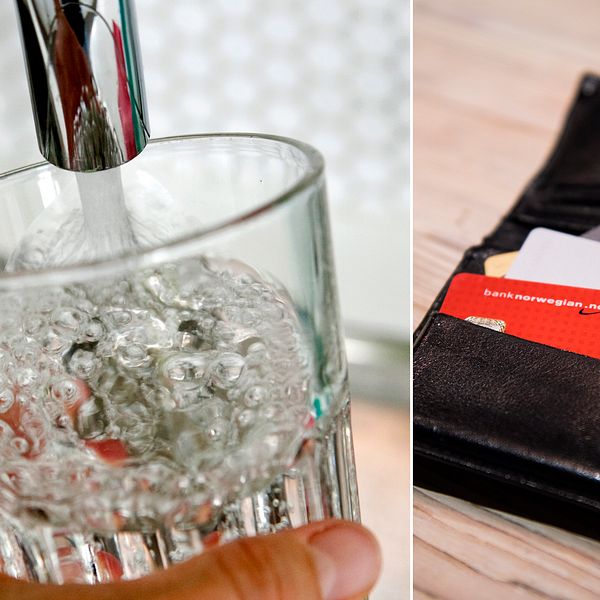 Bild på vatten hälls upp i ett glas från vattenkran och bild på plånbok med olika kreditkort.