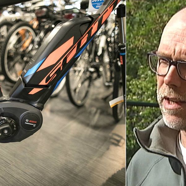 Bild på en elcykel, och bild på Nils Hallberg, jurist på Naturvårdsverket