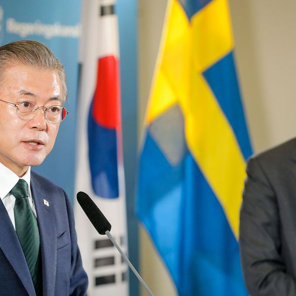 Sydkoreas president Moon Jae-in och statsminister Stefan Löfven (S) håller pressträff på Grand hotel i Saltsjöbaden efter ett gemensamt möte den 15 juni 2016.