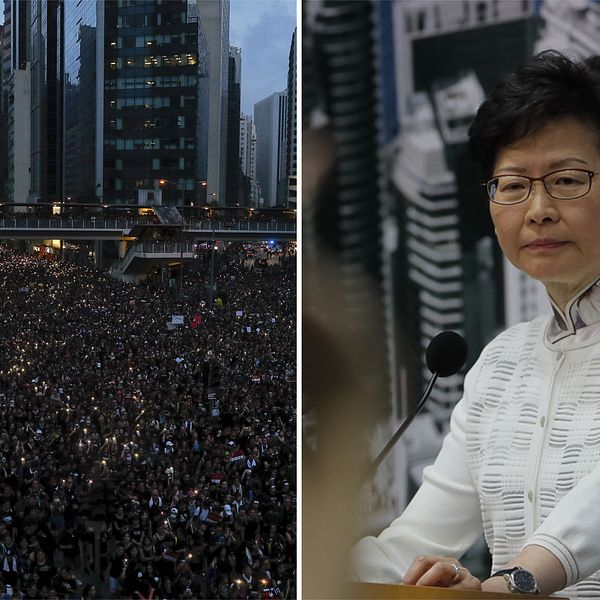 Ett hav av demonstranter i Hongkong och Carrie Lam.